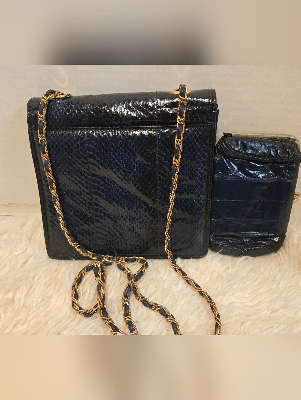 Saks Fifth Avenue Black Snake-Embossed Shoulder Bag with Gold Chain